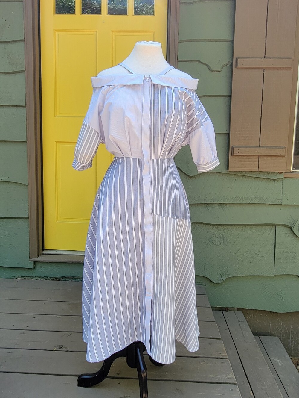 Mukok Studio Blue Stripe Off Shoulder Patchwork Midi Dress Coastal Chic L